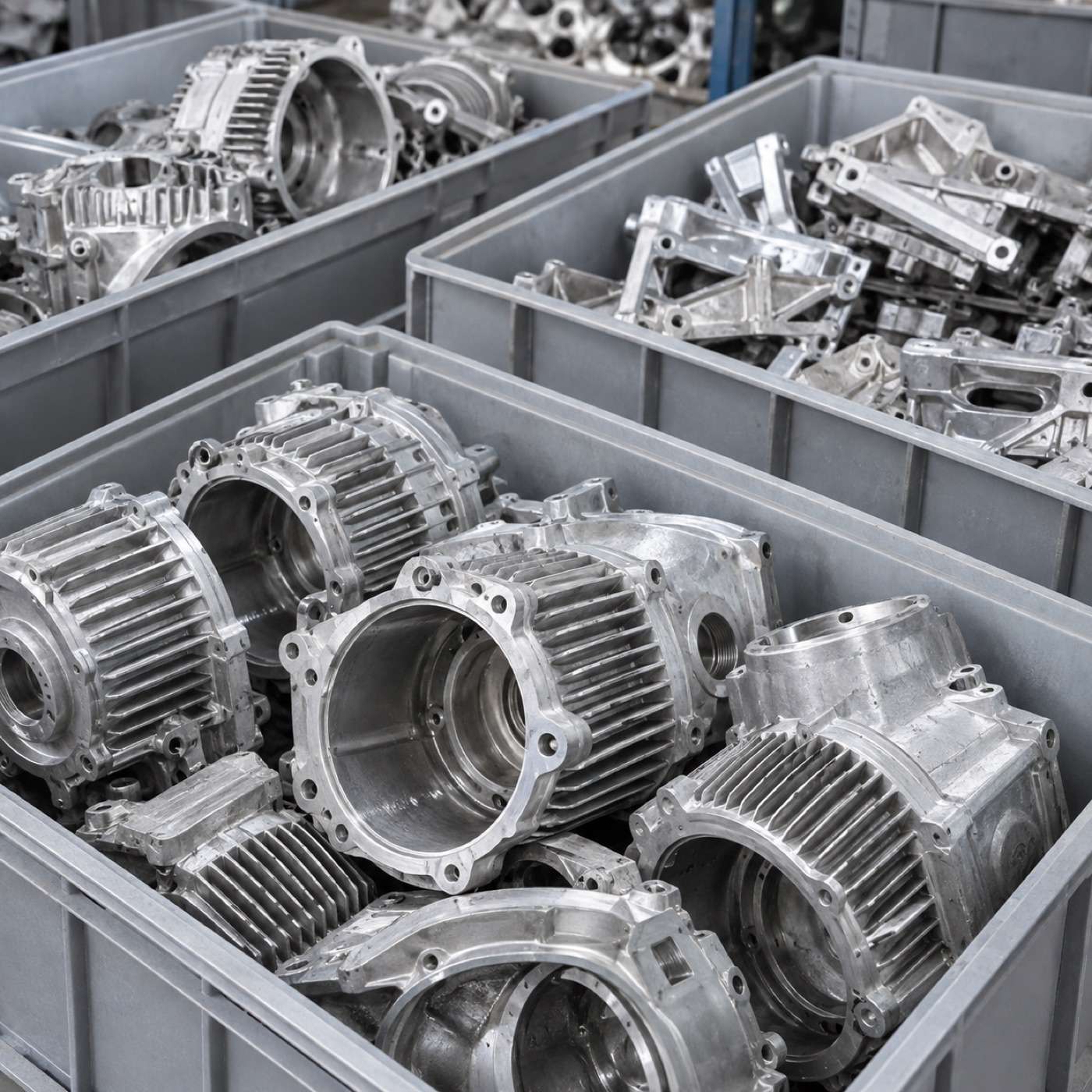 Getrennt gelagerte Aluminiumgussteile für den Alu-Ankauf in Hannover.