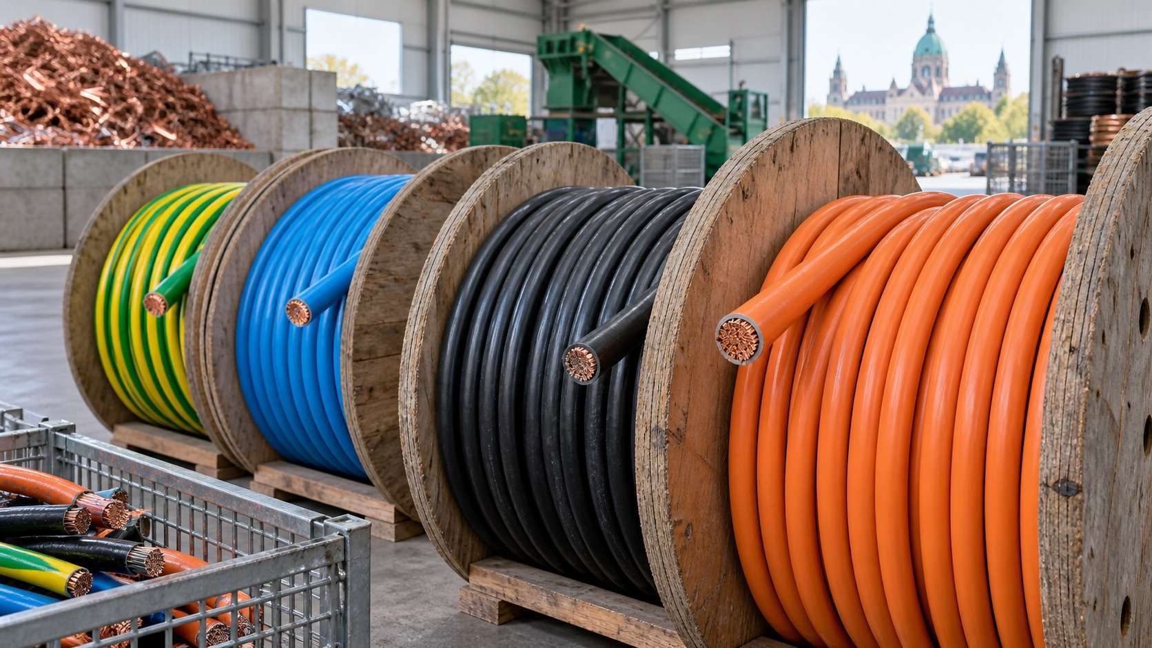 Kabel-Ankauf Hannover: Kabelrollen mit isolierten Leitungen.