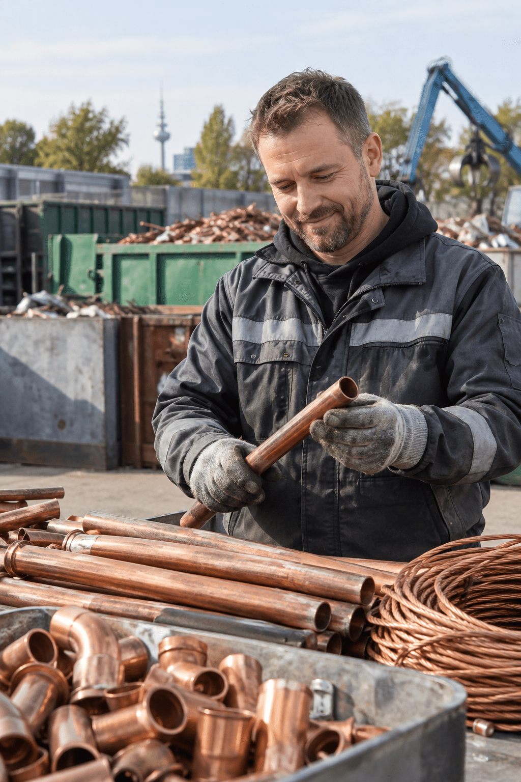 Kupfer-Ankauf Hannover: Schrotthändler prüft Kupferrohre, Fittings und Kupferkabel