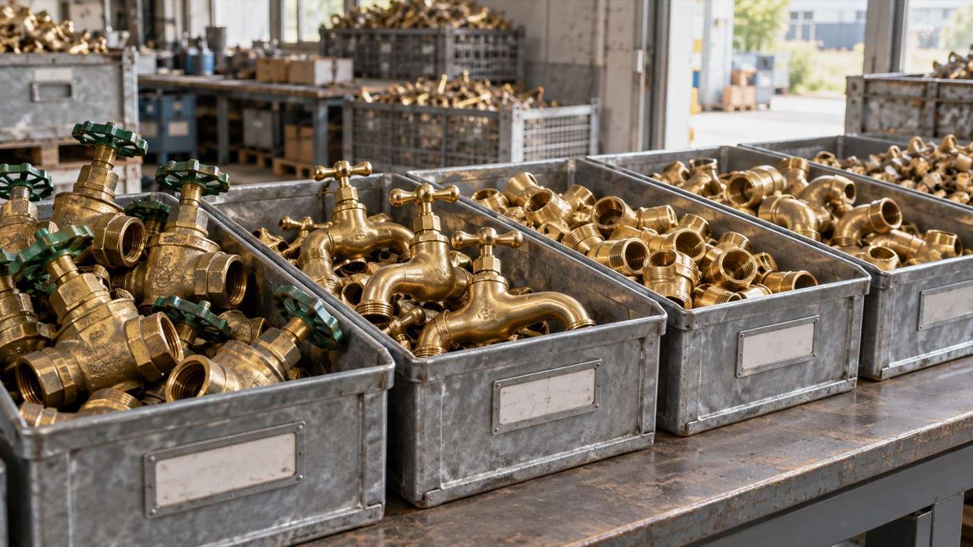 Sortierte Messingarmaturen und Fittings für den Messing-Ankauf in Hannover.