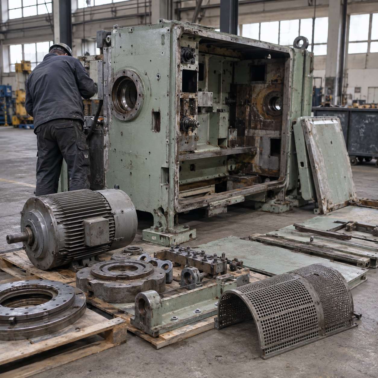 Metalldemontage Hannover: Zerlegte Maschinenkomponenten in einer Werkhalle.