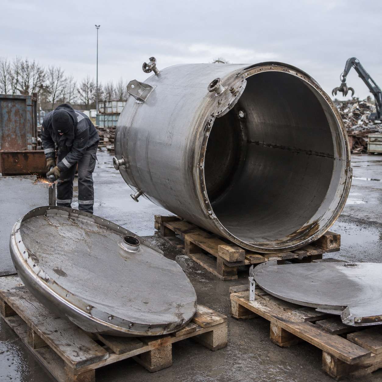 Metalldemontage Hannover: Demontierter Metallbehälter und Stahlplatten auf Paletten.