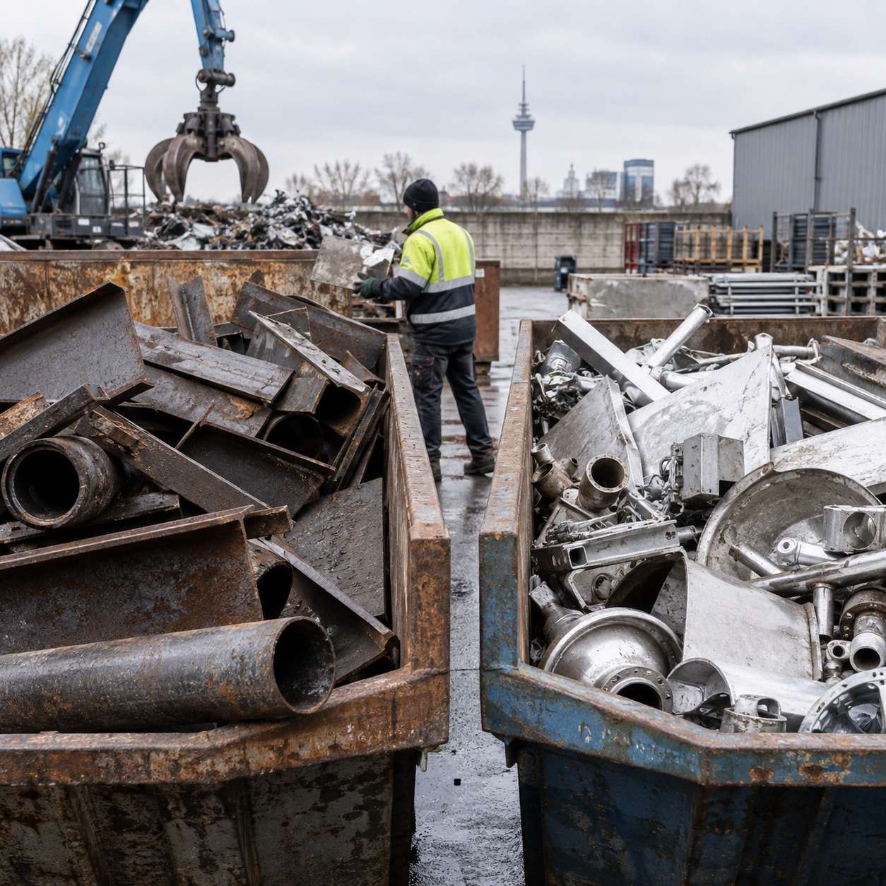 Metalldemontage Hannover: Getrennte Metallteile in Recyclingcontainern.