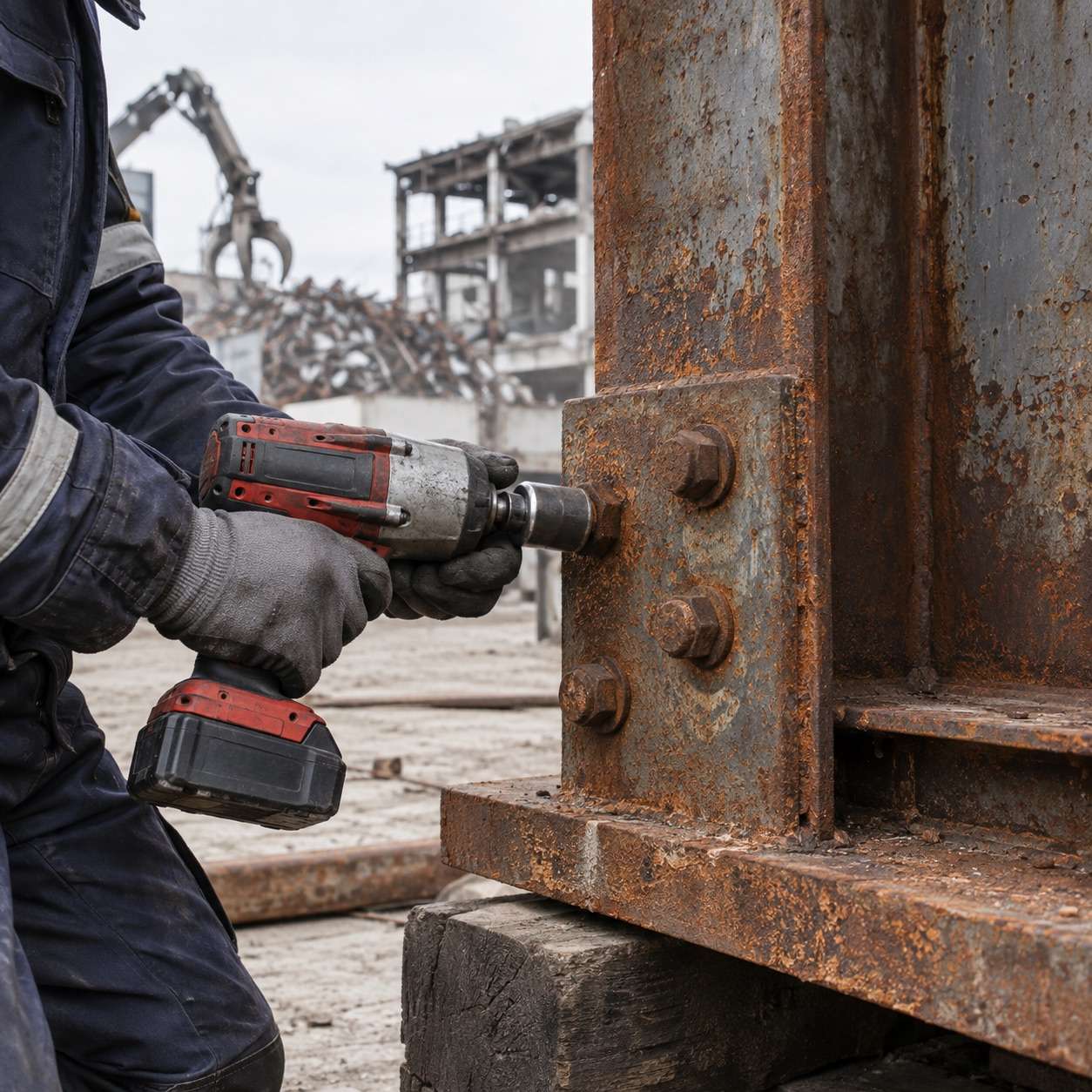 Metalldemontage Hannover: Schraubverbindung an einem Stahlrahmen wird gelöst.