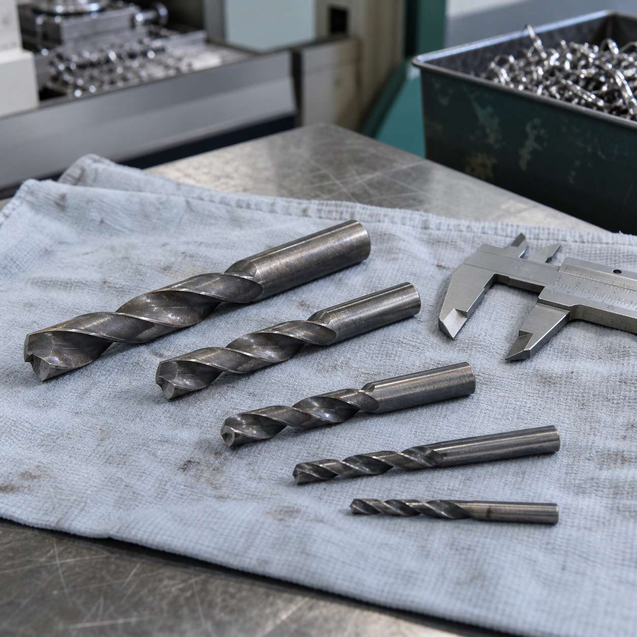 VHM Metall Ankauf Hannover: Vollhartmetall-Bohrer in verschiedenen Größen auf einer Werkbank.