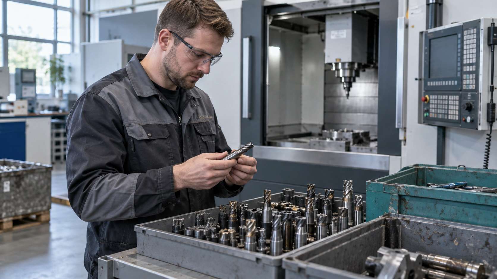 VHM Metall Ankauf Hannover: Mitarbeiter prüft gebrauchte VHM-Werkzeuge neben einer CNC-Maschine.