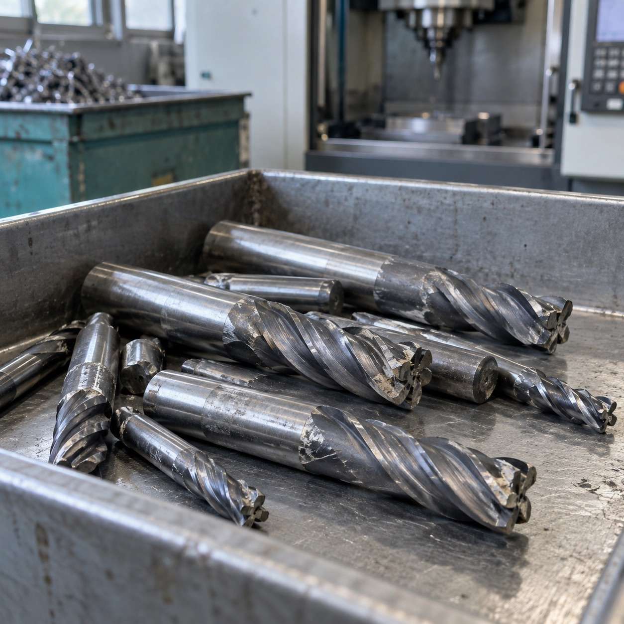 VHM Metall Ankauf Hannover: Gebrauchte VHM-Fräser mit unterschiedlichen Schneiden in einer Werkzeugschale.
