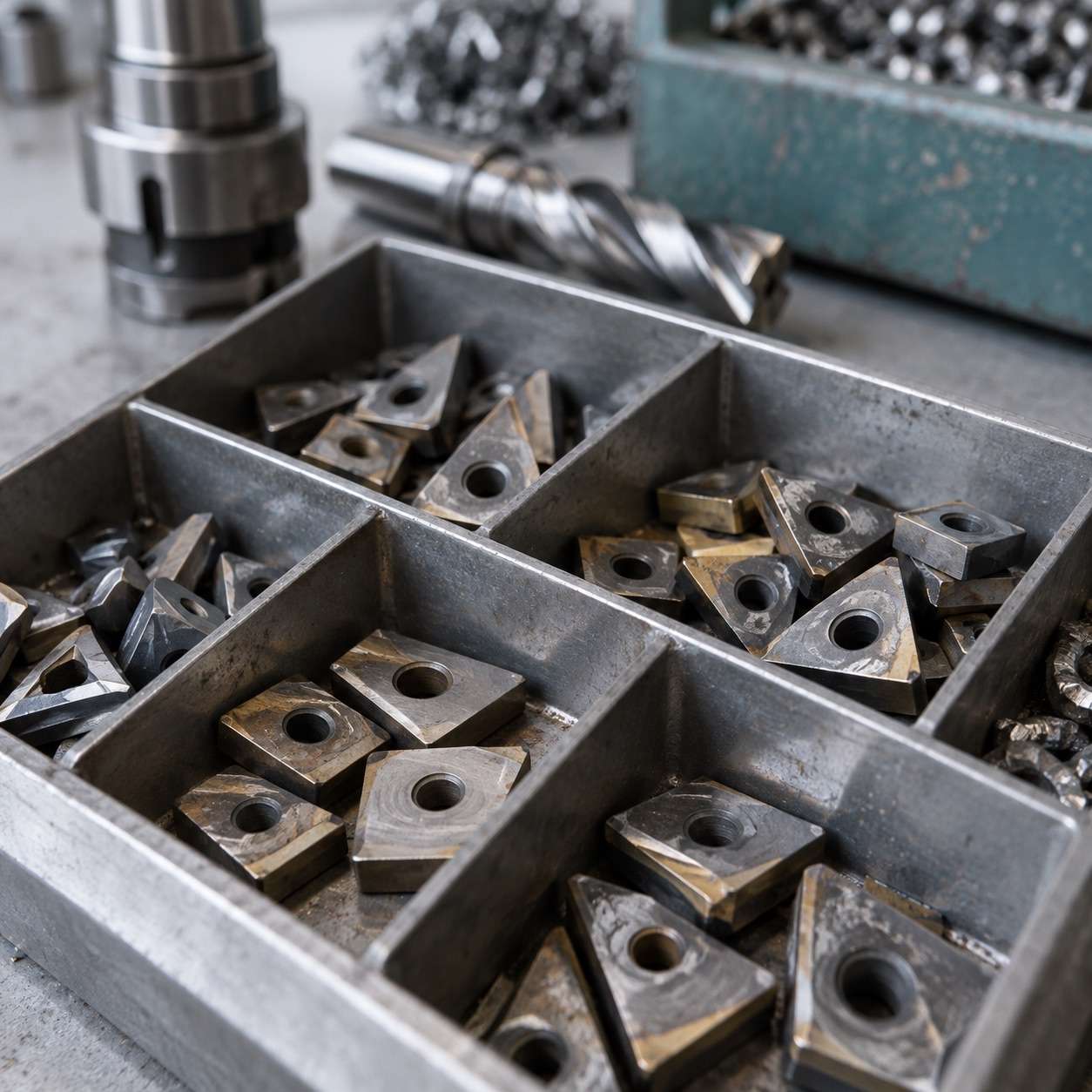 VHM Metall Ankauf Hannover: Gebrauchte Hartmetall-Wendeschneidplatten in getrennten Fächern.