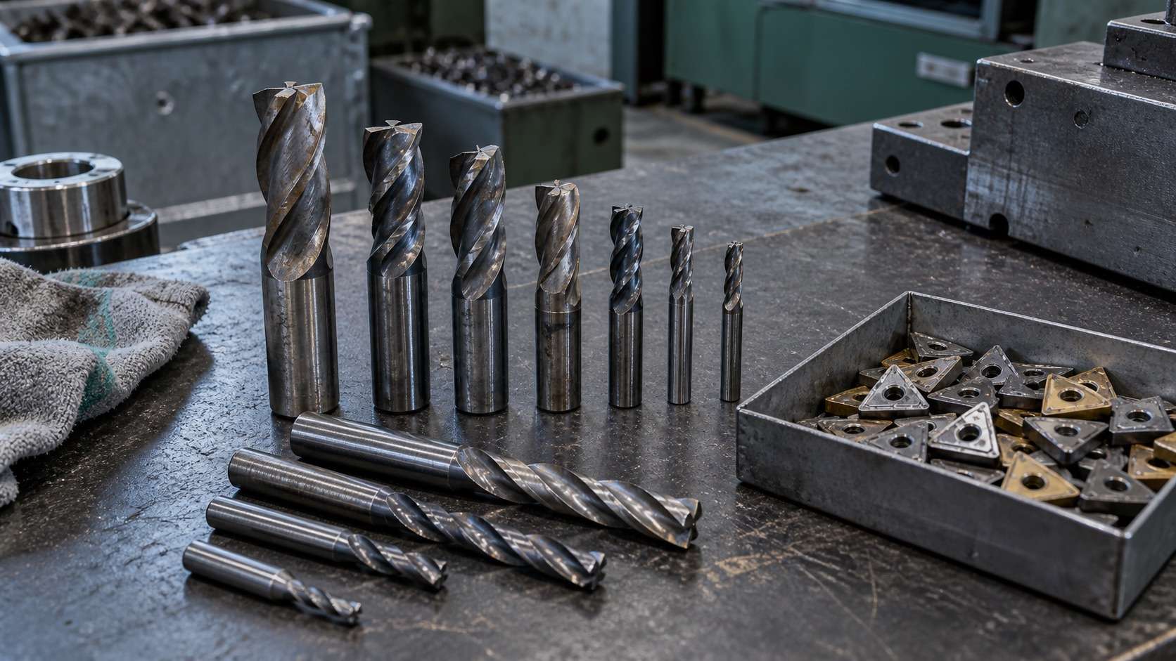 VHM Metall Ankauf Hannover: Sortierte VHM-Fräser, Bohrer und Hartmetall-Wendeschneidplatten auf einer Werkbank.